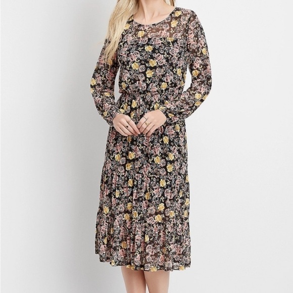 Maurices Plus Size Floral Mesh Midi Dress Tiered Black Multicolor Roses Sz 4X - Picture 2 of 16